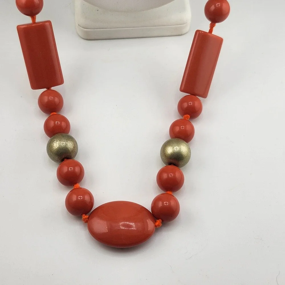 Talbots Coral Orange‎ Beaded Statement Necklace with Geometric Accents